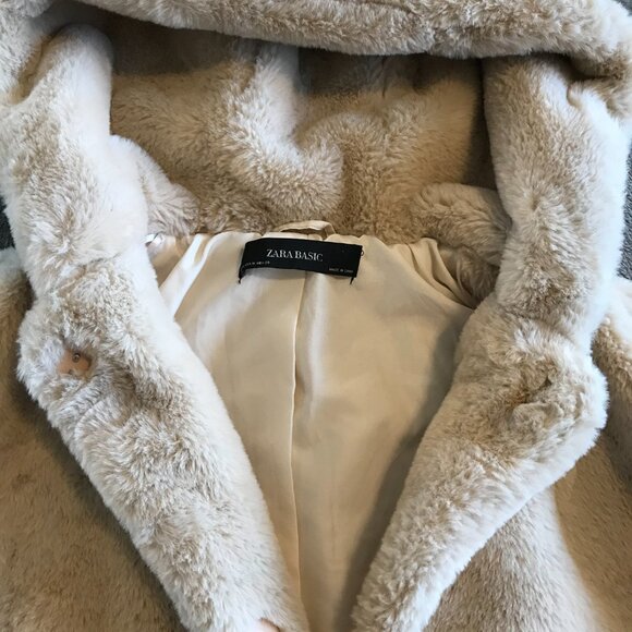 Zara faux fur shearling jacket hood beige women M capsule wardrobe quiet luxury - Picture 4 of 8